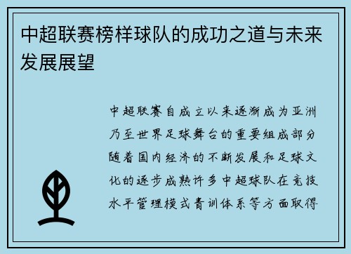 中超联赛榜样球队的成功之道与未来发展展望
