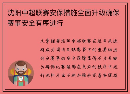 沈阳中超联赛安保措施全面升级确保赛事安全有序进行