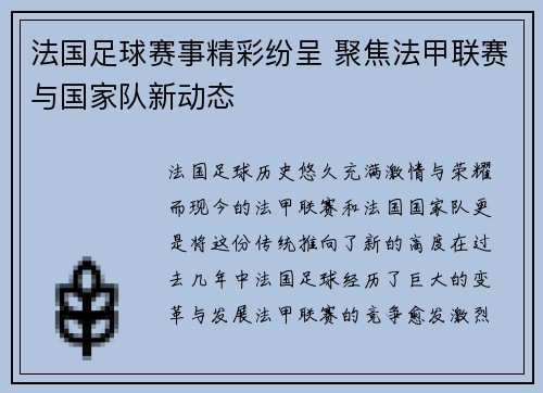 法国足球赛事精彩纷呈 聚焦法甲联赛与国家队新动态
