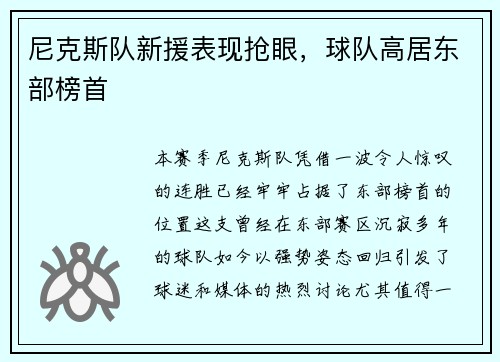 尼克斯队新援表现抢眼，球队高居东部榜首