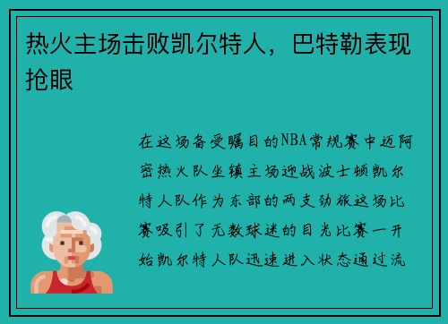 热火主场击败凯尔特人，巴特勒表现抢眼