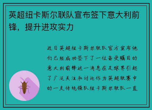 英超纽卡斯尔联队宣布签下意大利前锋，提升进攻实力